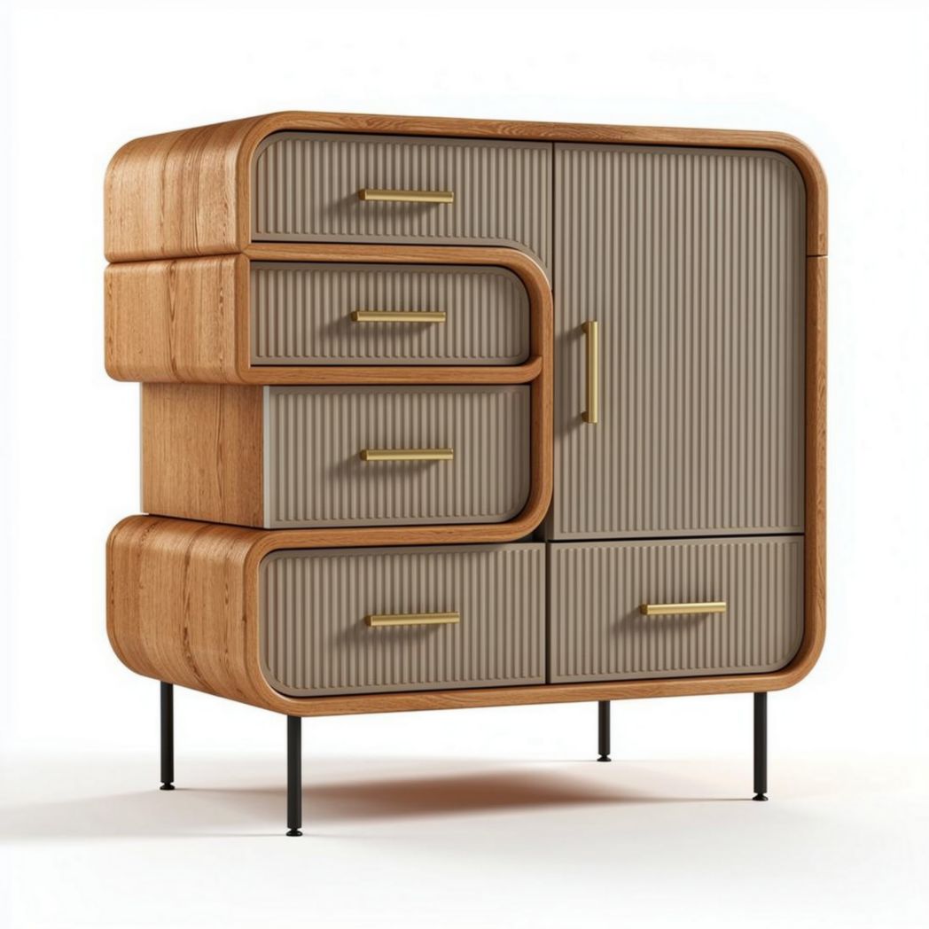 Wooden chest of drawers with curved edges and gray ribbed doors 80 x 40 x 75cm
