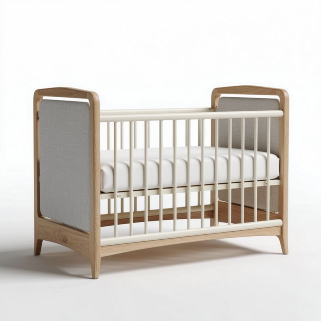 Wooden crib with fabric side panels and dimensions 120 x 60 x 90cm