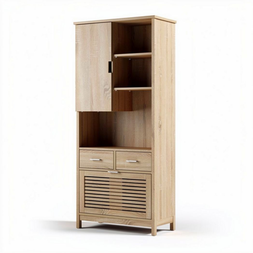 Wooden storage cabinet with shelves and drawers 180 x 80 x 40cm natural finish