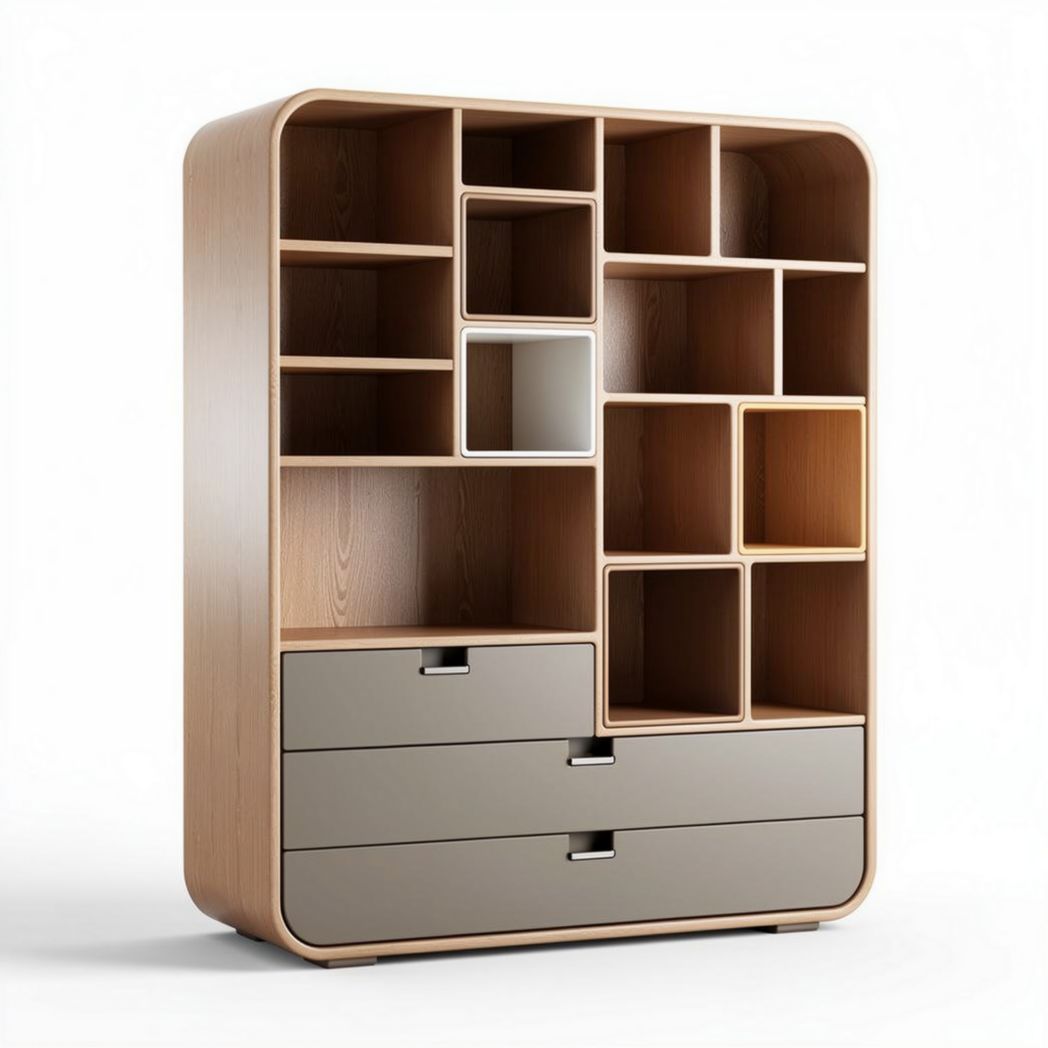 Modern wooden bookcase with open shelves and storage drawers 80 x 35 x 120cm