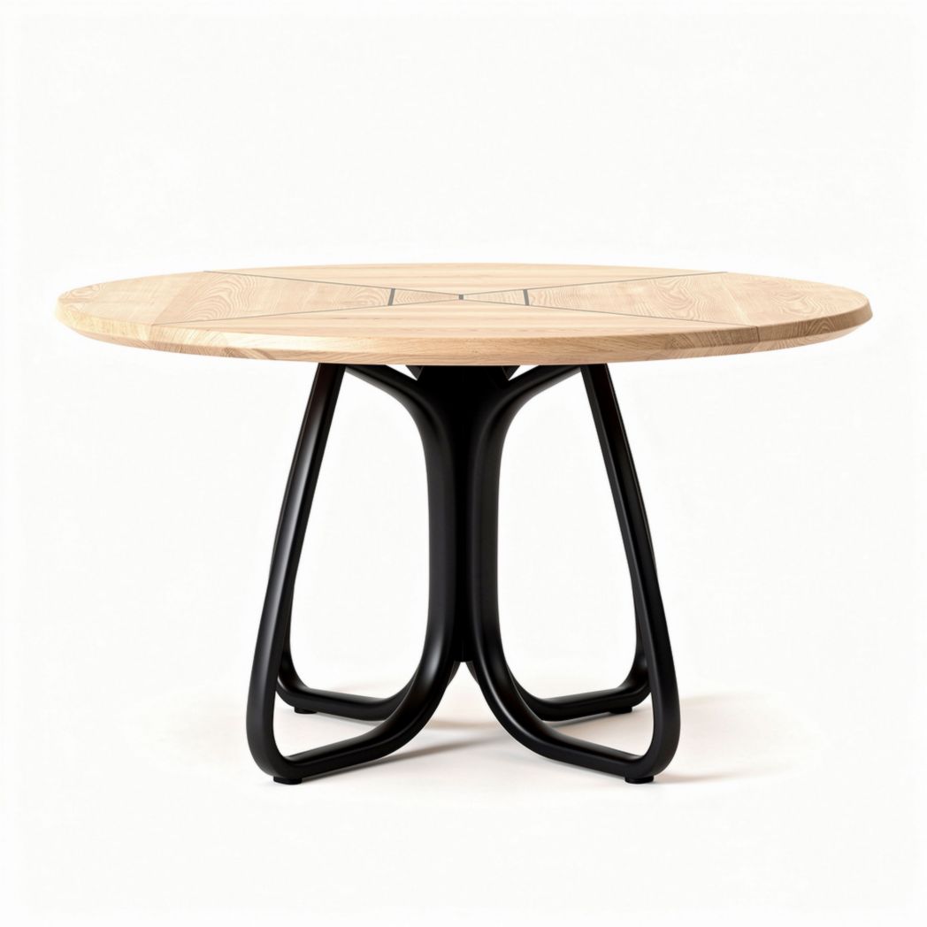 Round dining table with oak wood top and black metal base 120 x 120 x 75cm