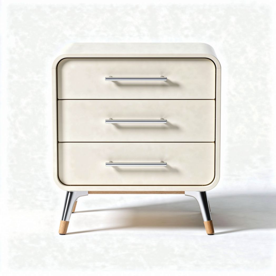 Modern nightstand with three drawers and wooden legs in white finish