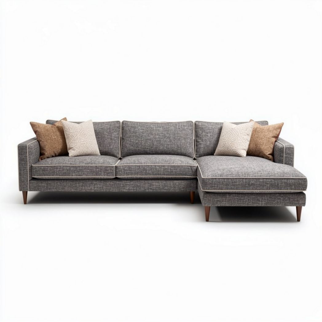 Sectional sofa in gray fabric with accent pillows 230 x 95 x 85cm